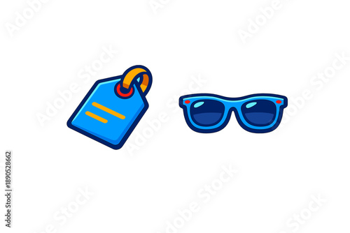 Blue price tag label and stylish sunglasses for summer shopping and retail deals