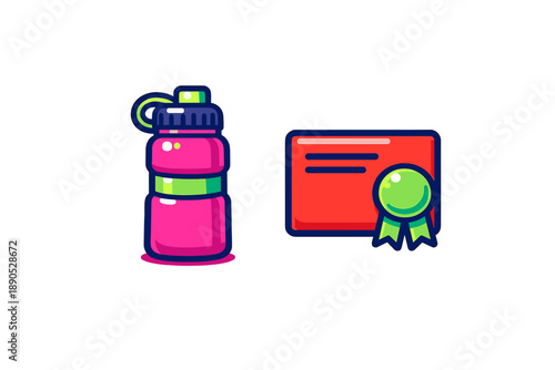 Colorful hydration bottle and award document icons representing fitness and achievement