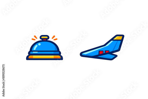 Brightly colored desk bell and stylized jet airplane symbols for travel and hospitality