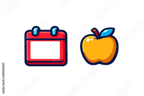 Stylized red calendar icon and glossy yellow graphic symbolizing school schedule and healthy lifestyle