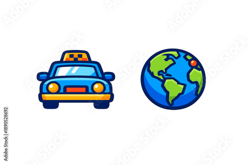 Global transportation service concept with taxi cab and world map location pin icons