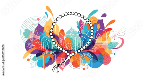 Islamic Ramadan Prayer Beads and Decorative Ornate Background