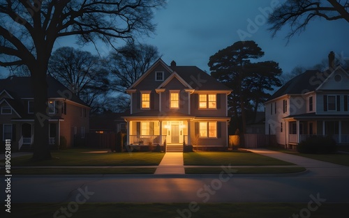 Home shines as a beacon in the dark during a neighborhood power outage, its warm lights illuminating the otherwise dark surroundings, including nearby trees and buildings.