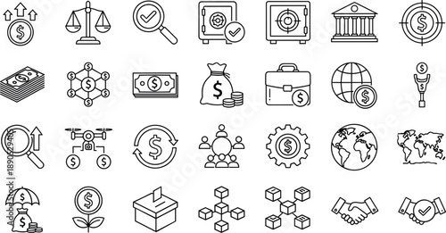 Finance icons, economic growth, business investment, currency exchange, global economy, financial protection, blockchain network, partnership handshake, money bag, dollar sign