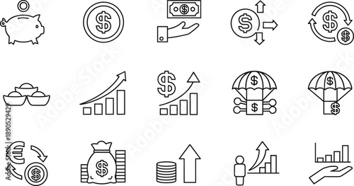 Finance icons, investment growth, piggy bank, currency exchange, savings money, economic chart, wealth management, business success, financial security, dollar coin