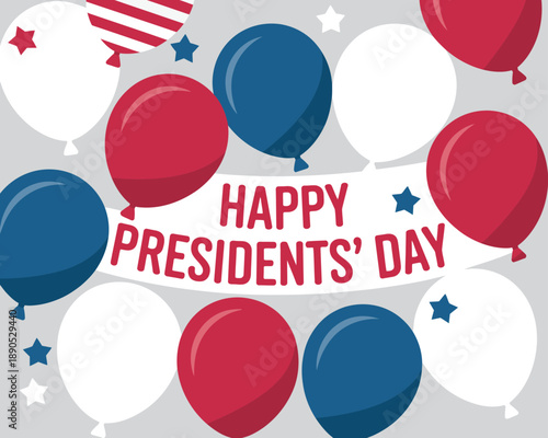 Happy Presidents' Day illustration with red, white, and blue balloons and stars.