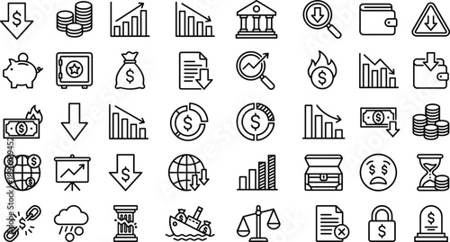 Finance icons, economic symbols, money visuals, banking, investment, savings, financial crisis, downturn, charts, wallet, debt, loss, budget, risk