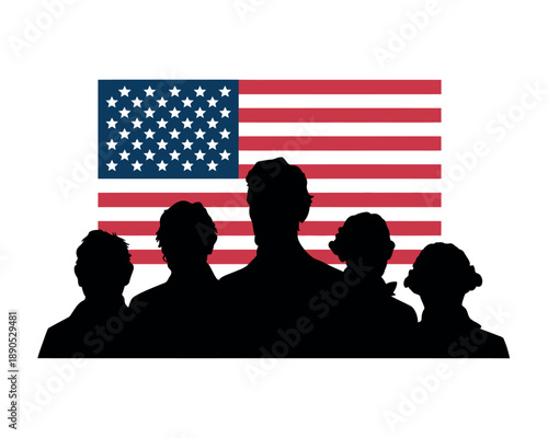 A group of people stand in silhouette against the backdrop of the United States flag.