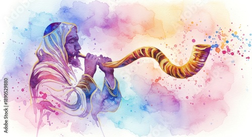 Man blowing shofar for Jewish holiday Rosh Hashanah, abstract watercolor illustration. High holy days, synagogue tradition.