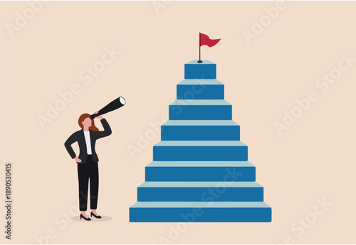 Growth step to success, visionary to see business opportunity or career path, journey to reach goal or achievement concept, smart businesswoman looking through telescope for target on top of stairway.
