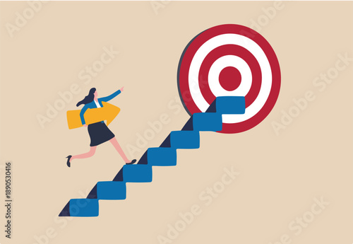 Business progress or career path, step to reach target or business goal, success step or motivation for improvement concept, confidence businesswoman carrying arrow walk up stair to reach target.