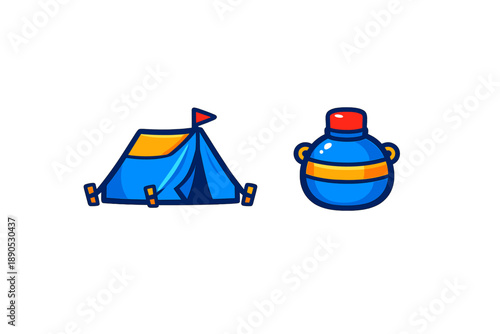 Outdoor camping equipment including a blue tent and a round blue canteen