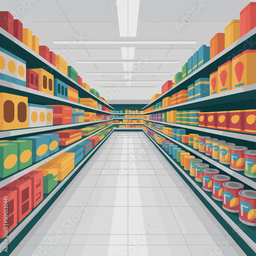 The long aisles of a grocery store are filled with colorful products on shelves.
