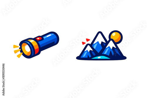Powerful blue flashlight and stylized snowy mountains set for outdoor adventure