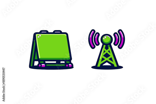 Vibrant green and purple symbols of a foldable display stand and a broadcasting signal tower