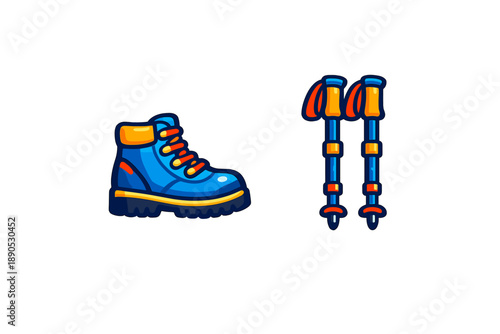 Colorful set of outdoor hiking gear including a boot and trekking poles