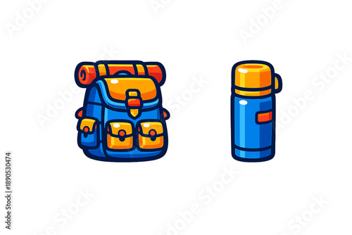 Blue and Orange Hiking Backpack and Thermos Flask for Outdoor Adventure