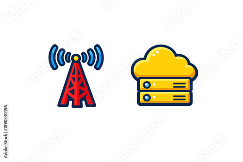 Antenna tower transmitting radio waves and cloud data storage server icons