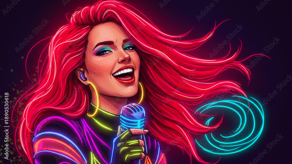 Obraz premium Woman singer with red neon hair performing loudly. Vocalist holding illuminated microphone. Music concert, live performance, DJ party concept.