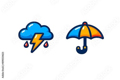 Storm cloud with lightning and raindrops beside a colorful open umbrella