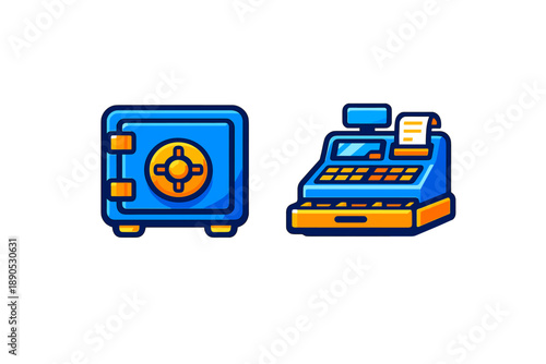Financial security concept showing a safe box and a retail cash register machine