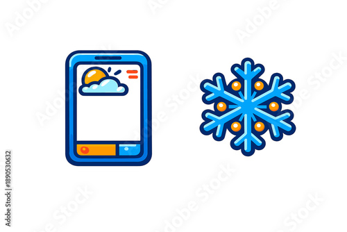Mobile phone displaying weather forecast app screen next to a winter snowflake symbol