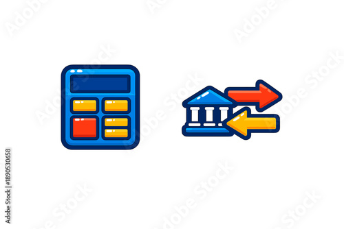Brightly colored financial calculation and money transfer icons featuring a calculator and a bank symbol graphic