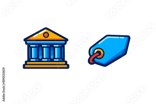 Stylized classical bank building icon with columns and blank blue price tag label