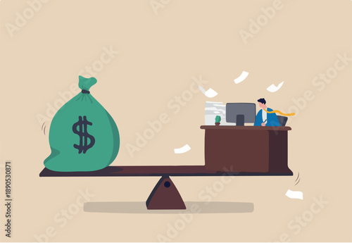 Wages, salary or income, work hard for money or incentive motivate to work overtime, overworked and life balance concept, businessman working hard on busy desk seesaw balance with wages money bag.