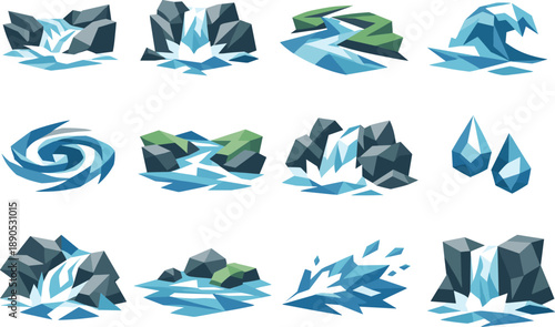Running Water Icons. ow-poly vector icon set for running streams and flowing water, featuring angular polygonal geometry, sharp