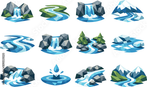 Spring Stream Icons. Flowing streams and early spring runoff illustrated as a cohesive low-poly vector icon set built from angular