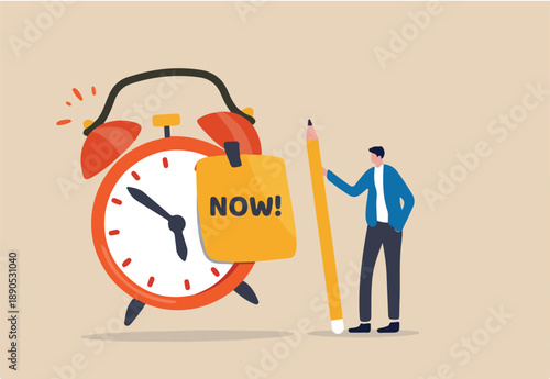 Stop procrastination, do it now or decision to finish work or appointment in time concept, confidence businessman holding pencil after he wrote the word Now on note and stick it on ringing alarm clock