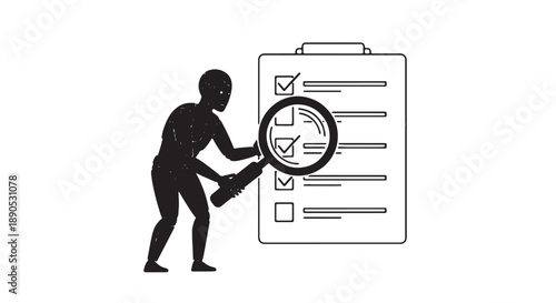 Robot analyzing checklist with magnifying glass detailed illustration black and white robotic inspection checklist review