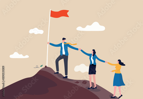 Teamwork, support and collaboration to achieve target, cooperation, team help each other to success in job concept, businessman holding hand helping team colleagues climbing to reach business goal.
