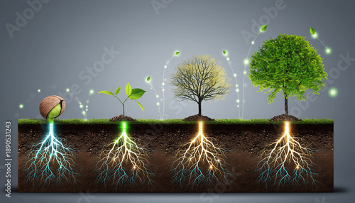 Baumwachstum mit leuchtenden Wurzeln – Nachhaltigkeit & Investment
