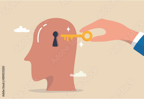 Unlock true potential or motivation to set new mindset, key to success or career achievement, learning or imagination concept, businessman hand putting golden key to unlock potential in human brain.