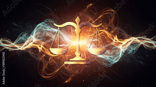 Golden scale of justice with swirling light trails on a dark background. Concept of legal balance for law firm marketing or spiritual guidance.
