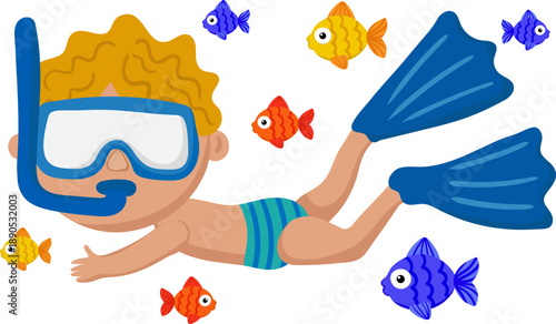 boy snorkeling with colorful tropical fish vector set of cute underwater marine elements summer vacation diving kids web design