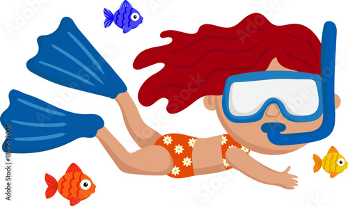 cute cartoon girl snorkeling and swimming with colorful fish isolated on white background vector diving character art