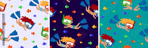 seamless patterns set with children snorkeling and swimming with tropical fish cute kids summer underwater background