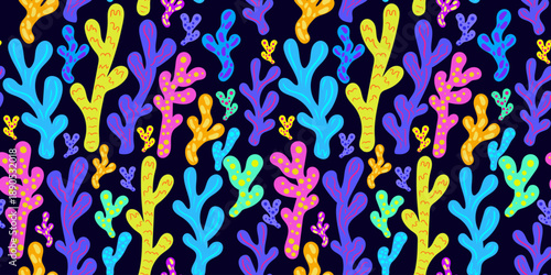 seamless pattern neon colorful corals on dark background bright tropical underwater ocean reef for textile web design posters