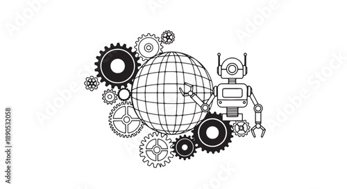 Robot working on global machinery with gears and cogs in a technical line drawing style