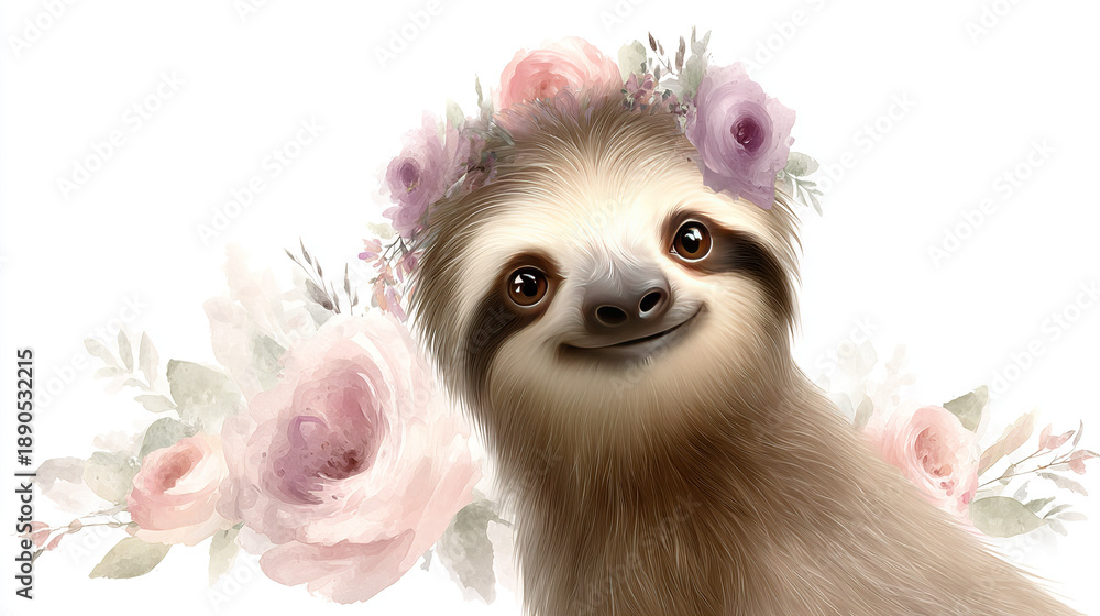 Fototapeta premium Smiling Sloth with Floral Crown in Watercolor Style