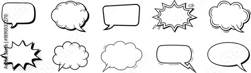 Comic speech bubbles, thought clouds, graphic elements, cartoon dialog shapes, pop art design, blank templates, illustration assets, creative layout, vector icons