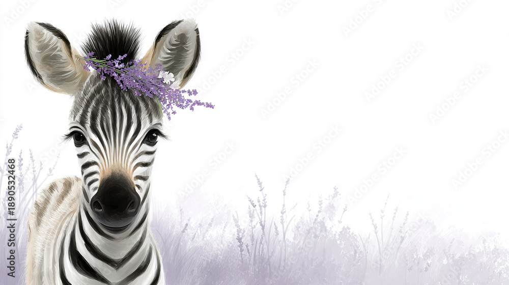 Fototapeta premium Zebra with Purple Flower Crown in Soft Pastel Landscape