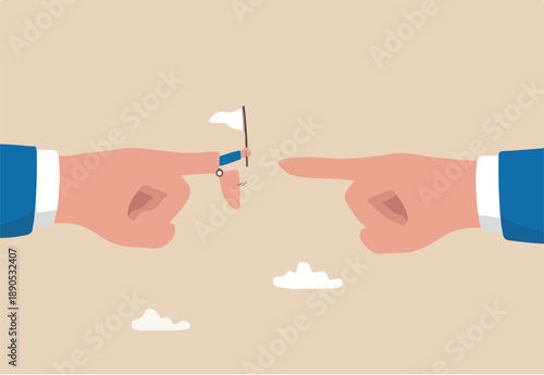 Stop argument, defuse conflict or compromise and negotiation, surrender defer confrontation and politics concept, businessman hand argue pointing each other with one surrender by small white flag.