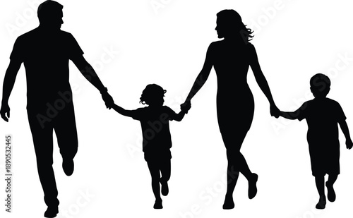 Family silhouette, walking together, unity, love, parent child bond, black figures, support, togetherness, parenting, connection, abstract people, emotional scene