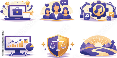 Women Empowerment Ecosystem. End-to-end women career opportunities ecosystem illustration showcasing empowerment and progress, six