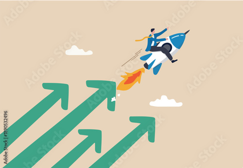 Financial growth, innovation boost profit or sales, increase investment earning or stock market rising up, growing business for success concept, businessman riding rocket booster with growth arrow.