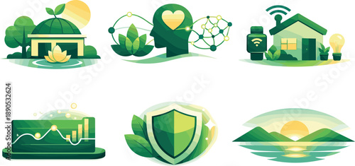 Harmonious Ecosystem Design. End-to-end balanced living ecosystem illustration showcasing harmony and sustainability, six symbolic